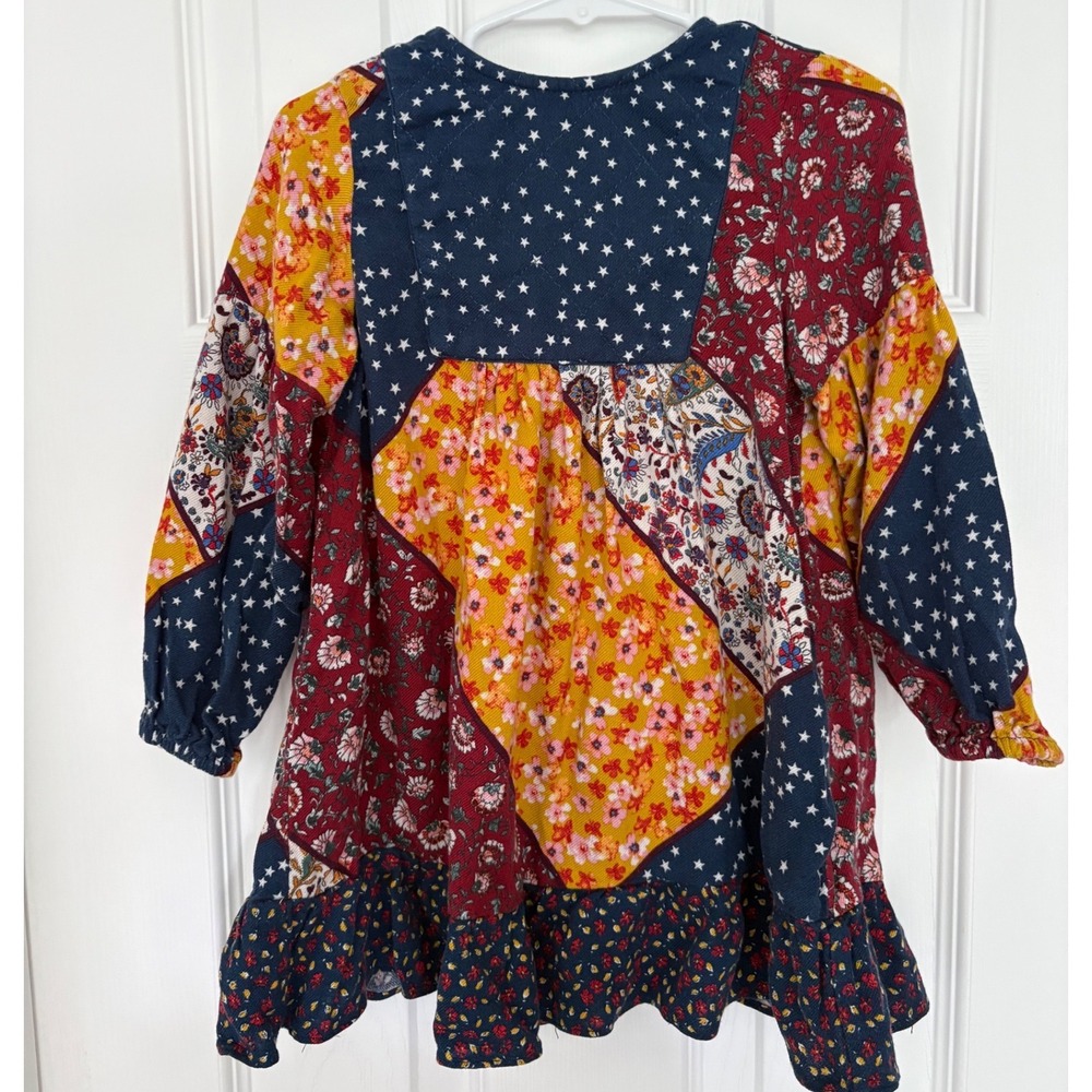 Zara Girl's Patchwork Corduroy Dress Floral Star Paisley Multi Color | Size 3/4Y